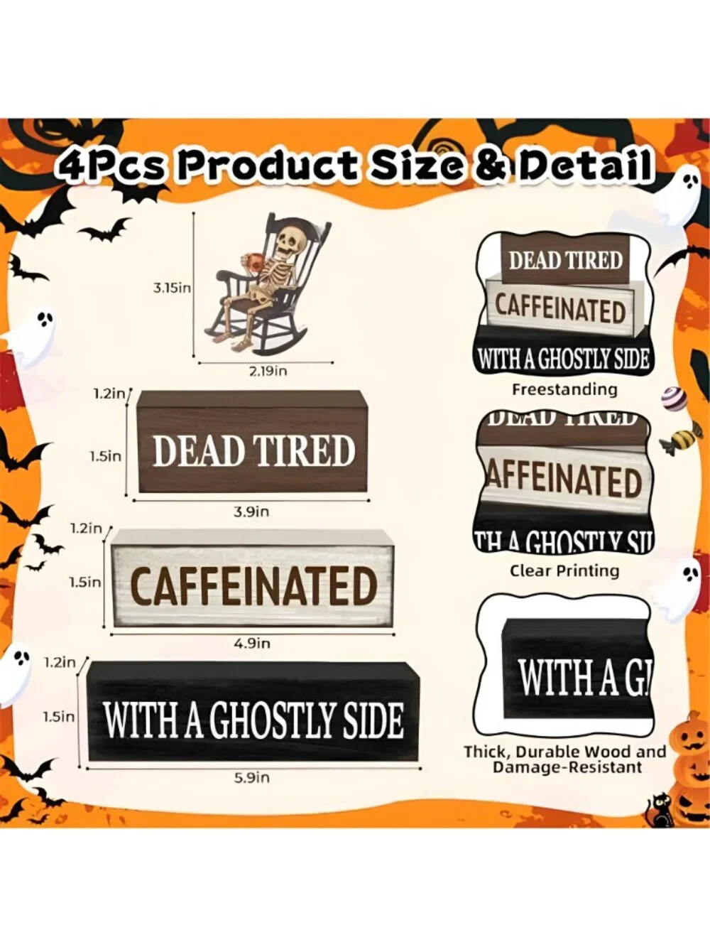 4 Pcs Halloween Wooden Table Decor, Funny Halloween Home Decorations